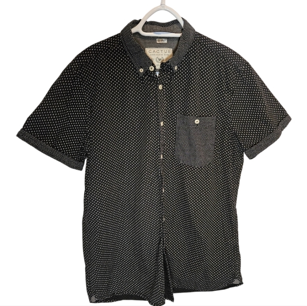 Cactus Handcrafted Button Down Shirt Mens Size L Cotton Short Sleeve Navy Blue‍
